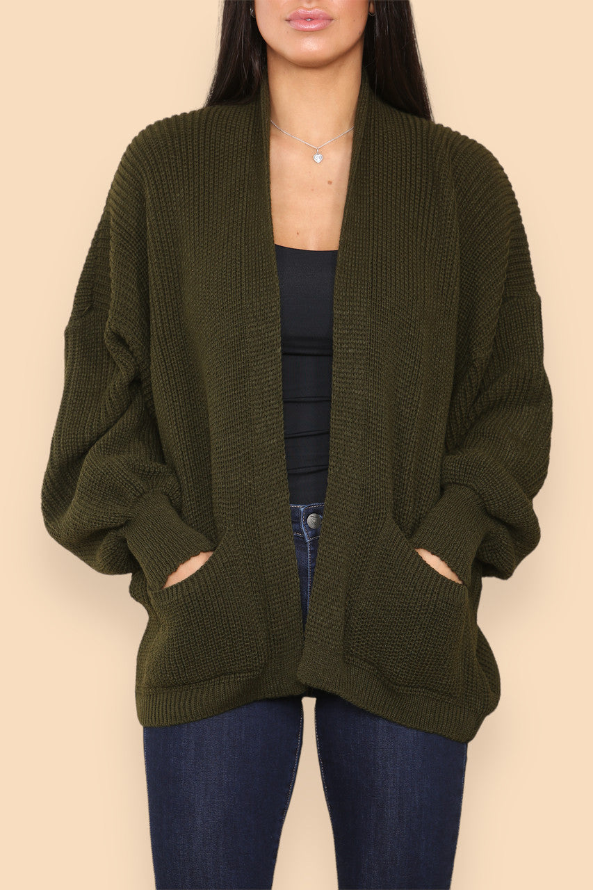 Made In Italy Khaki Chunky Knit Balloon Sleeves Cardigan