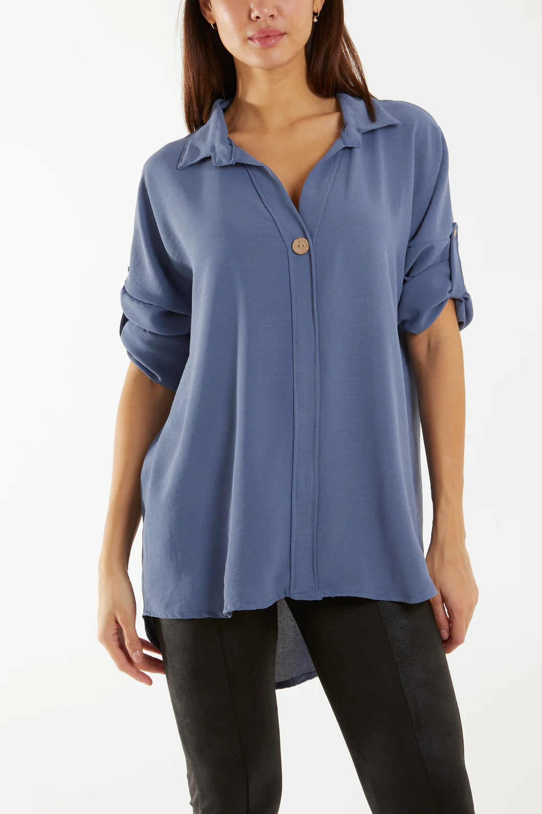 Italian Open Collar Blouse With Wooden Button Detail